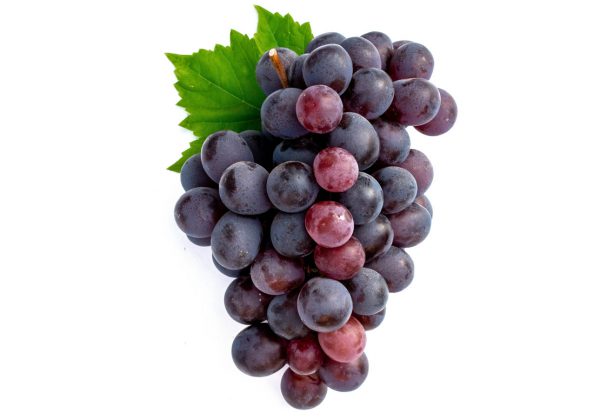 Big bunch of fruit red grapes with green grape leaves on white background