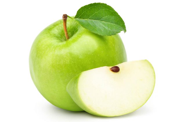 Fresh green apple with green leaf and sliced  isolated on white background. Clipping path.